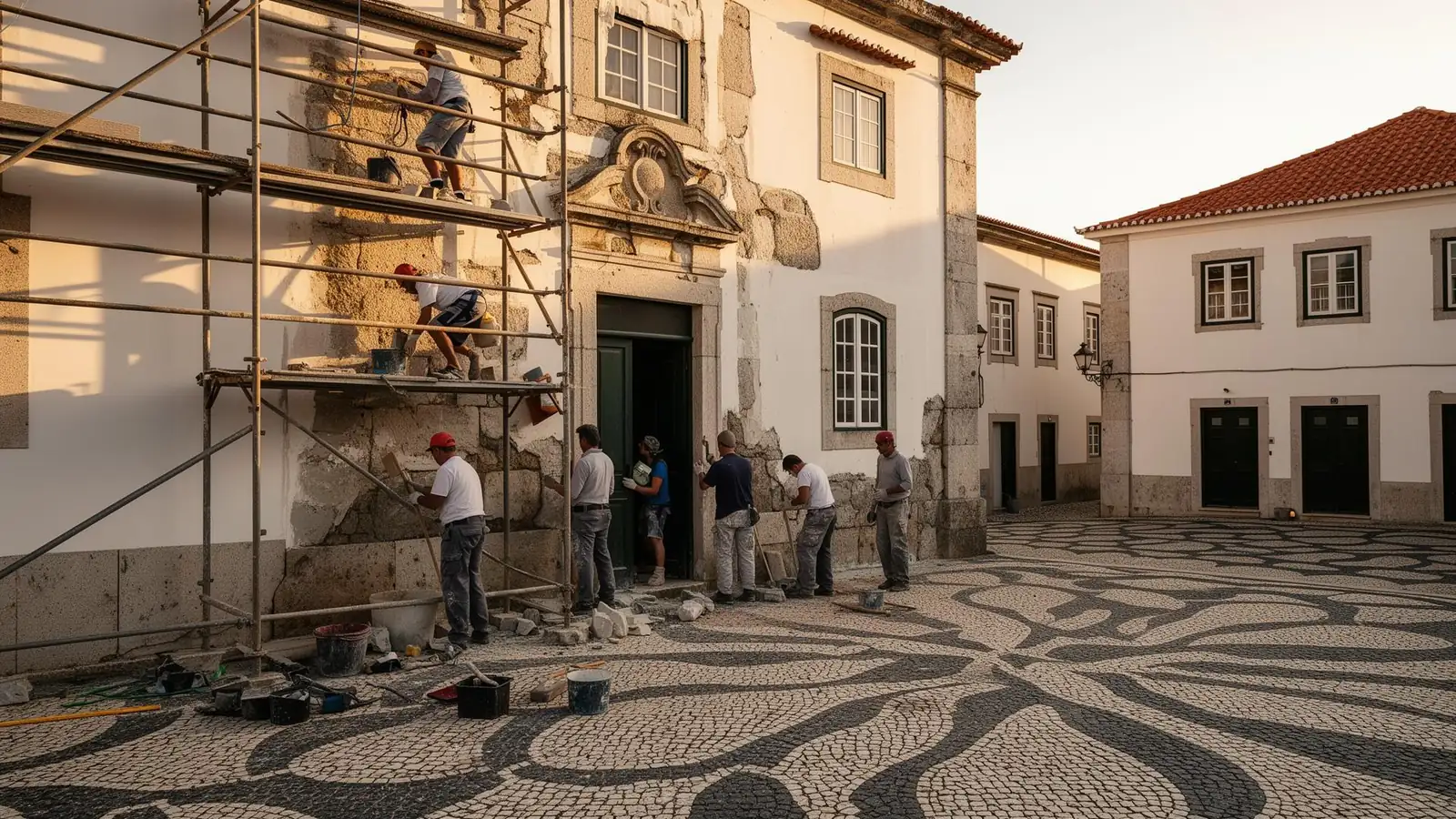 Praça urbana reabilitada com pavimentação e espaços verdes